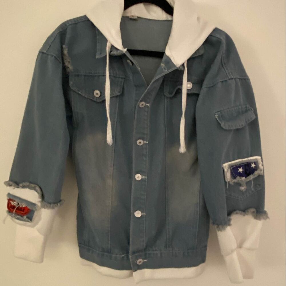 Denim Anime Embroidered Hoodie Jean Jacket Teen Unisex Size Small